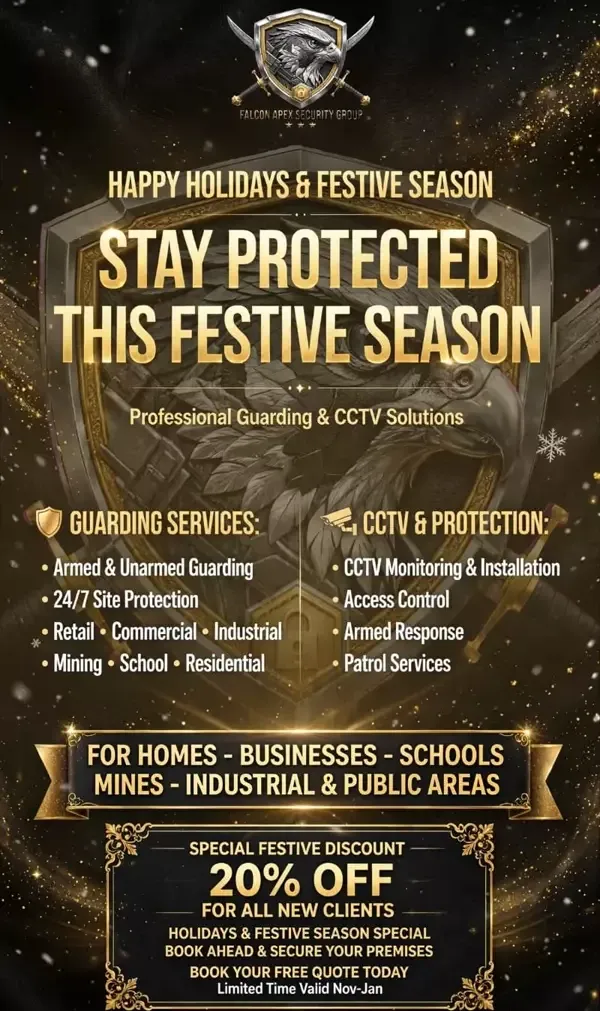 Falcon Apex festive season promotional flyer with shield and eagle logo