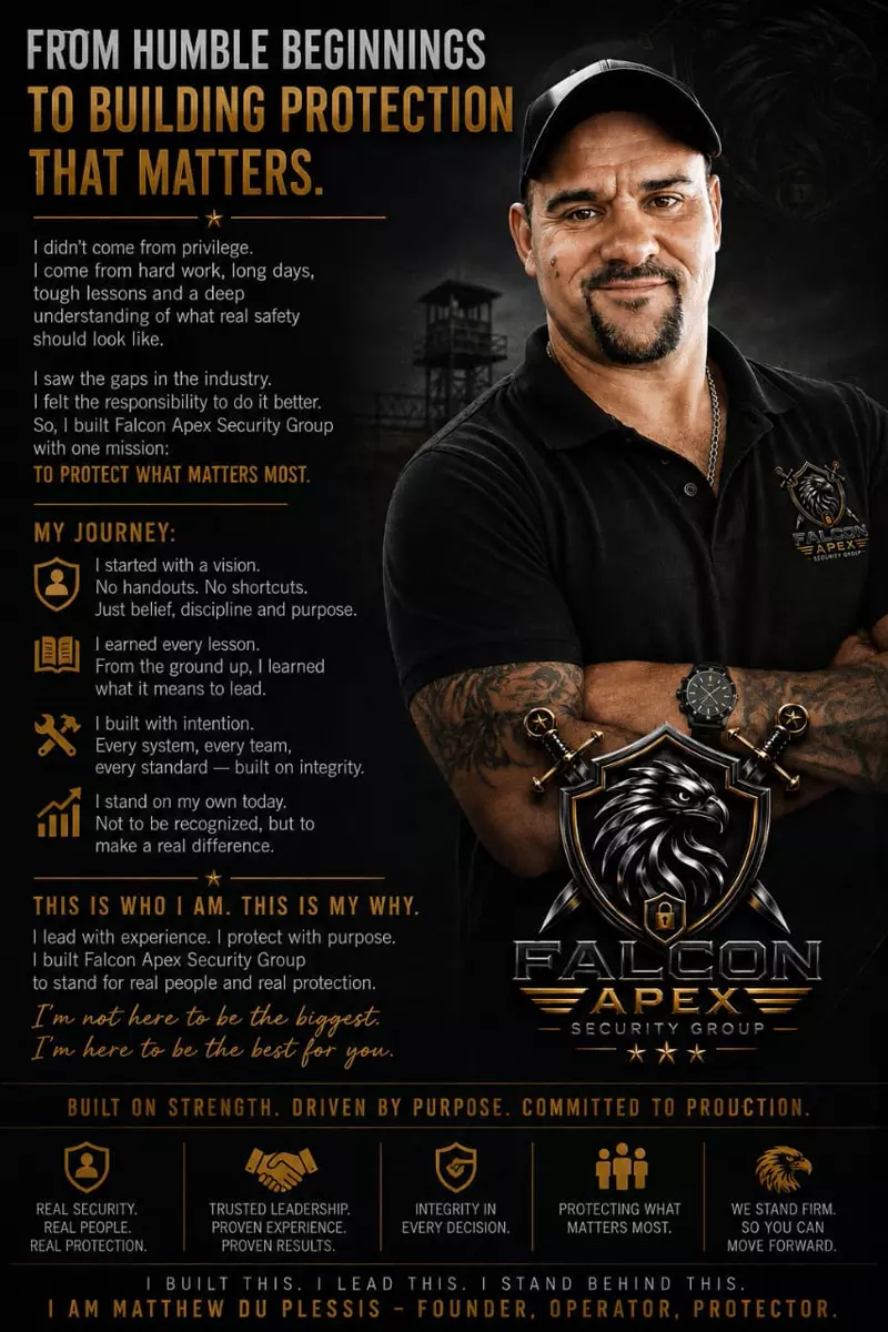 Portrait of Falcon Apex founder Matthew Du Plessis with branding