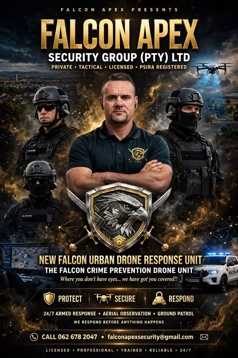 Falcon Apex tactical personnel and drone response unit promotional poster