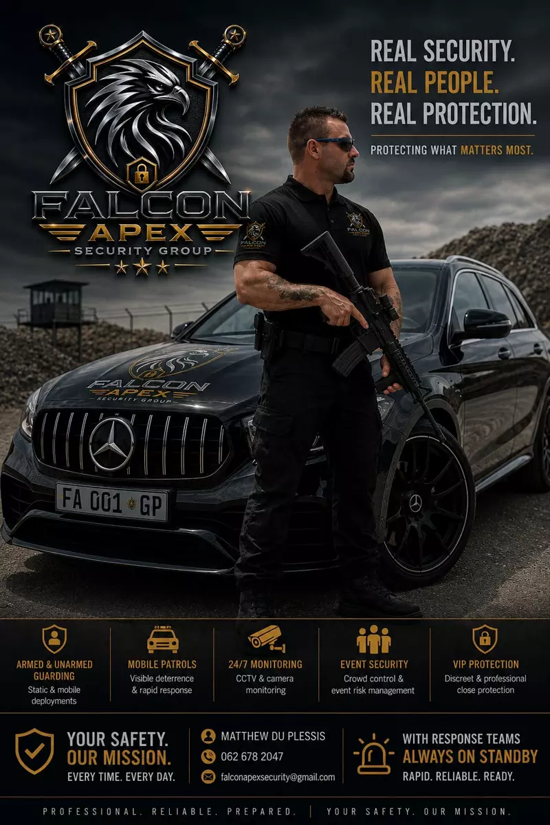 Armed security guard standing in front of a black luxury SUV with Falcon Apex Security Group branding