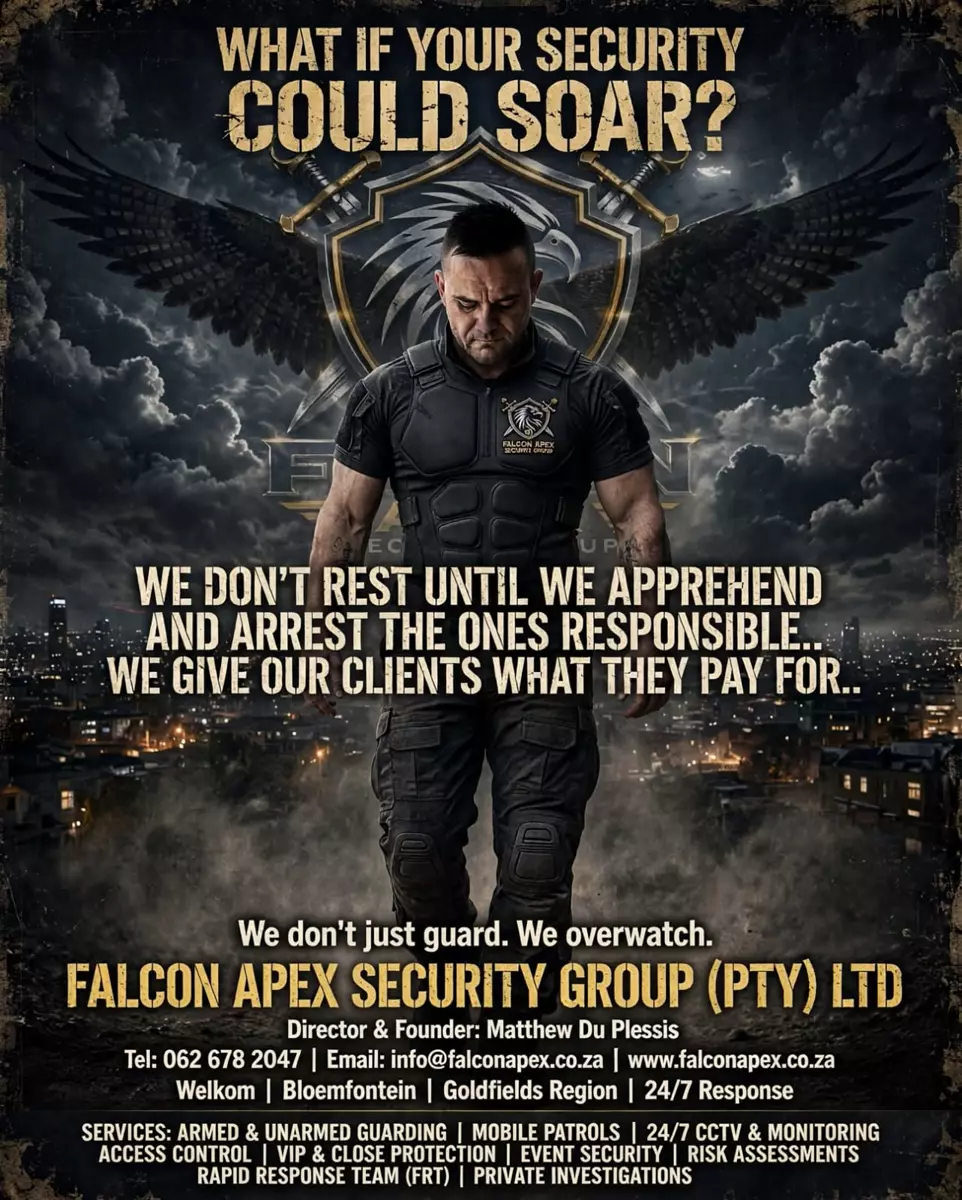 Falcon Apex security guard in tactical gear promotional poster