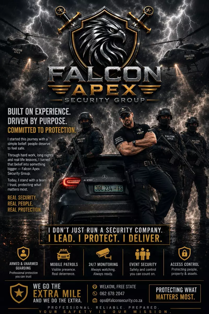 Falcon Apex security personnel and helicopters promotional poster
