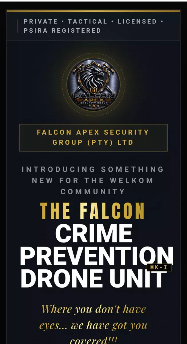 Falcon Apex crime prevention drone unit announcement poster