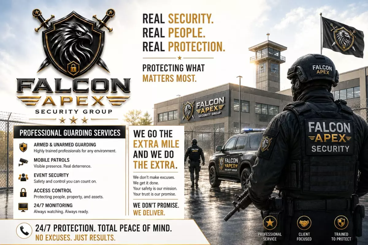 Falcon Apex promotional advertisement with security guard and armored vehicle